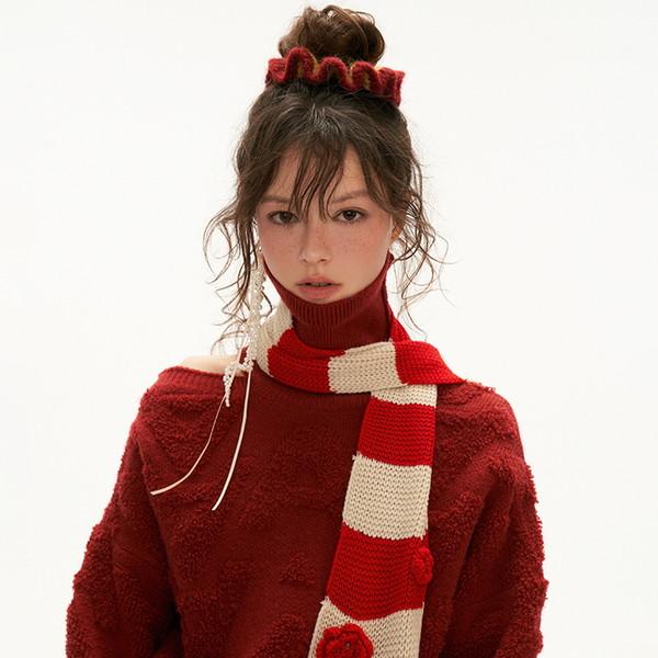 Red Turtleneck Cut-Off Shoulder Boucle Sweater