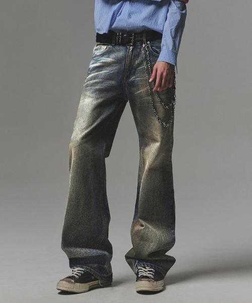 Symbol Stitch Low Rise Flare Fit Denim Pants - Deep Blue