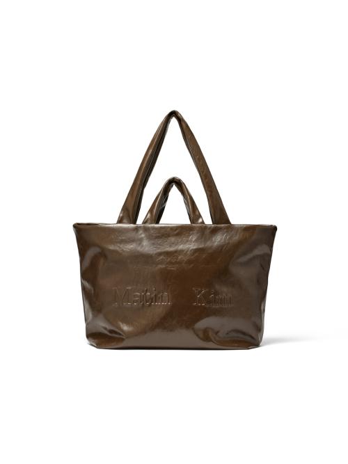 EMBOSSED LOGO LEATHER MAXI BAG IN KHAKI BROWN