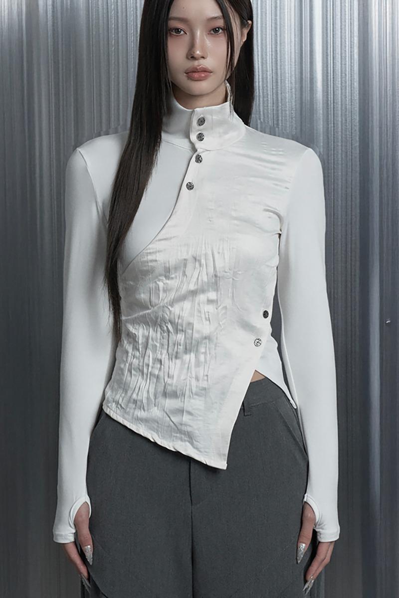 Diagonal Wrap Neck Polar Long-Sleeves (White)