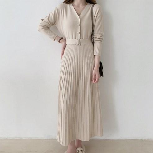 타니즈 에투 벨티드 플리츠 니트 롱원피스 - 원피스 | 쿠팡
