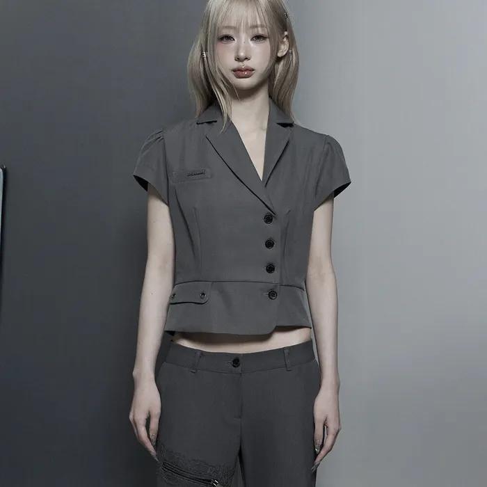 Cropped Short Sleeve Tailored Jacket (Dark Gray)