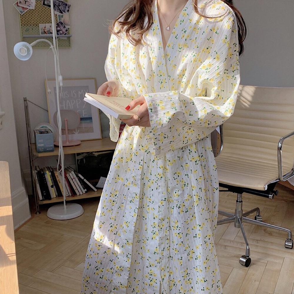 노랑꽃 가운 플라워로브 잠옷 신혼 데일리 홈웨어 파자마