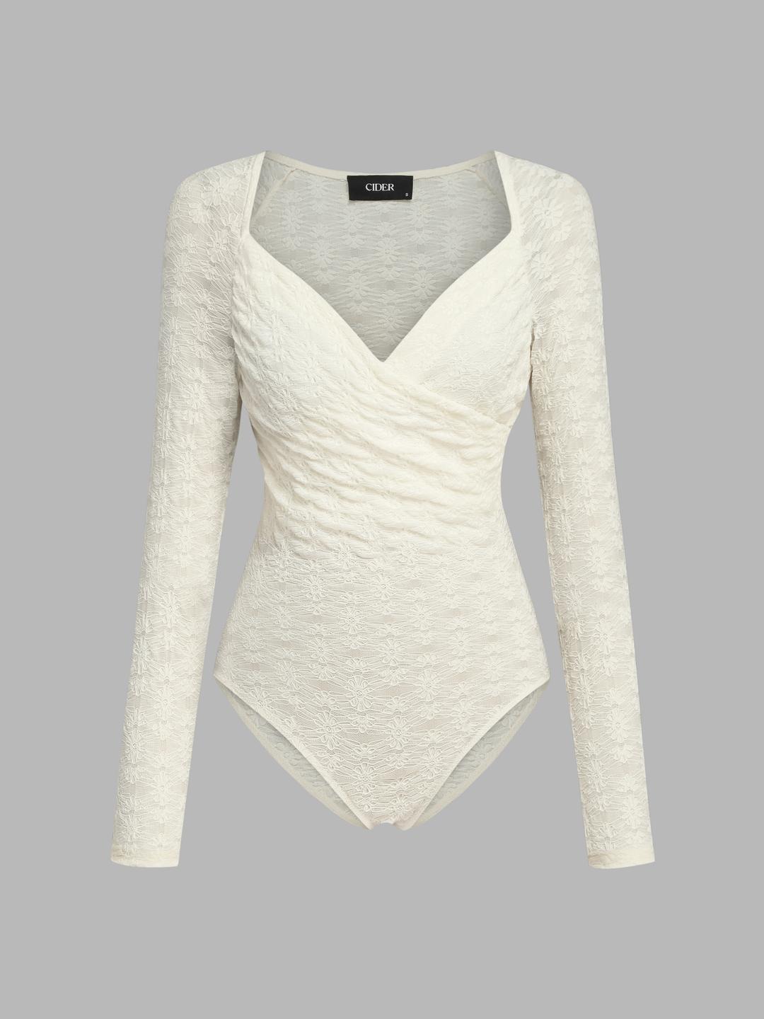 레이스 브이넥 플로럴 랩 바디슈트