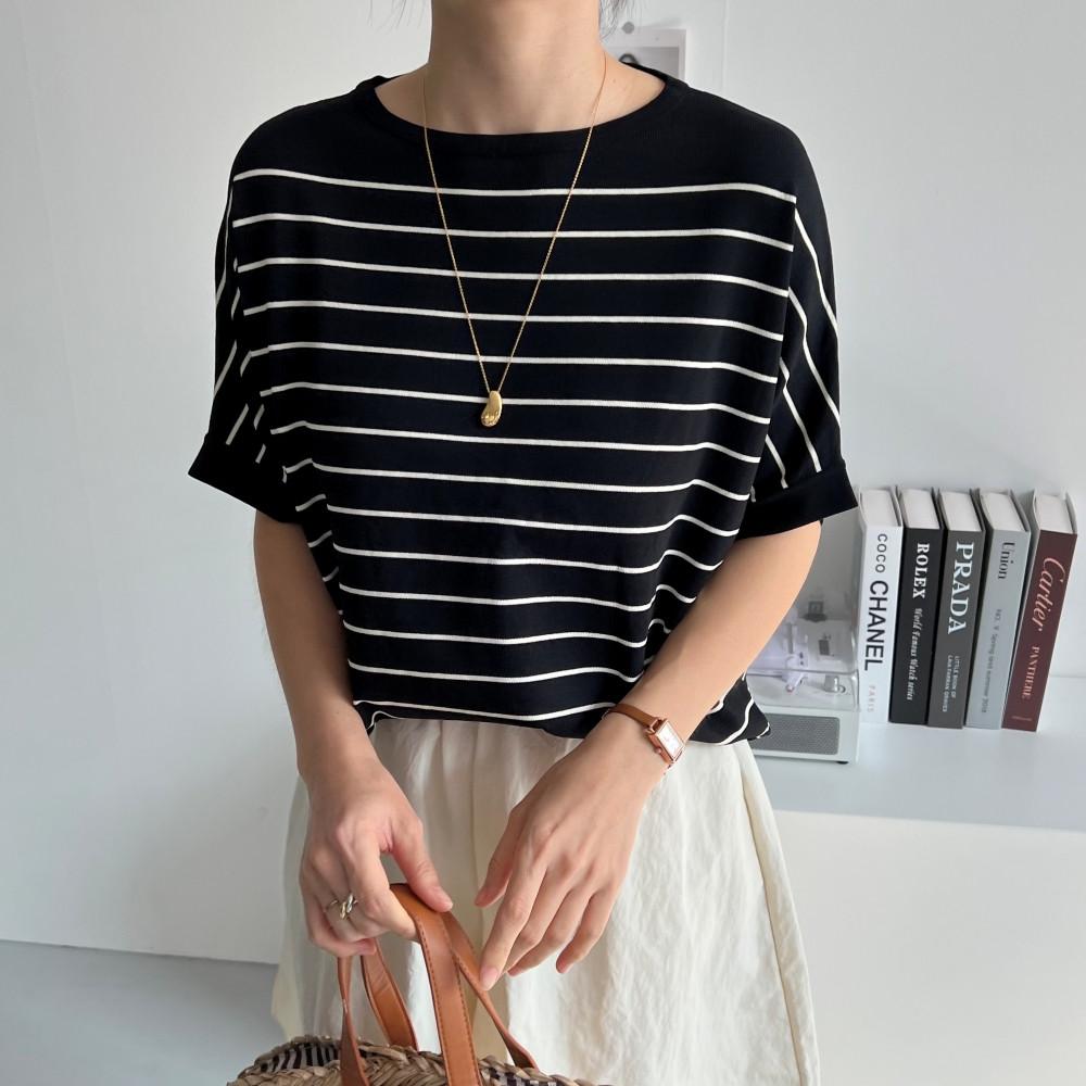 릴렉스 쿨링 반팔단가라니트 여름 스트라이프니트티