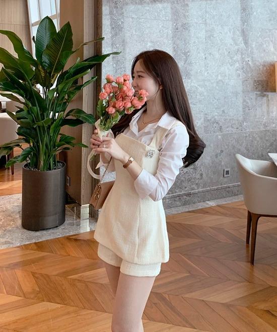 [허리잘록set] 이자벨 트위드 뷔스티에 민소매 탑 하이웨스트 반바지 세트