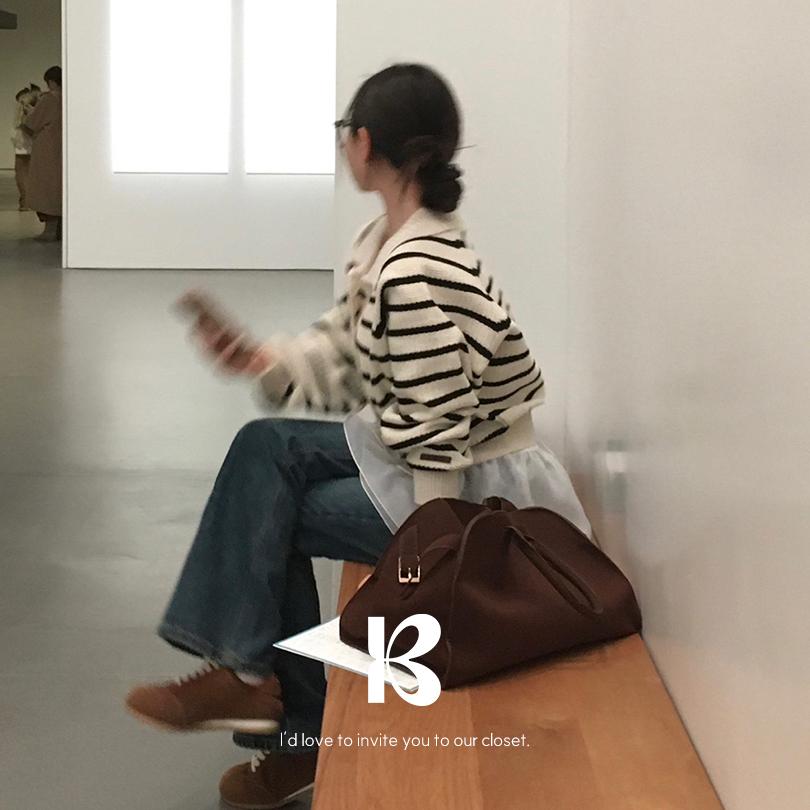 베이델리 [MADE/아방핏]엘르 스트라이프 단가라 니트 가디건