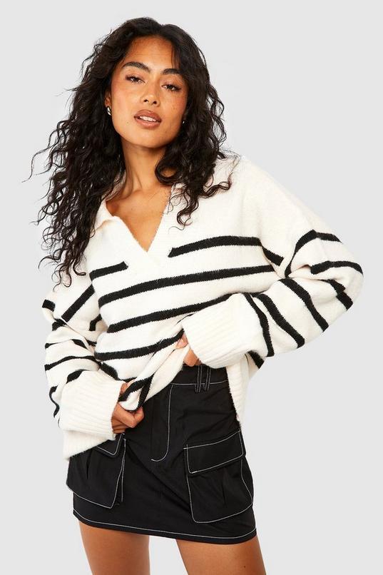 Soft Knit Stripe Polo Collar Jumper