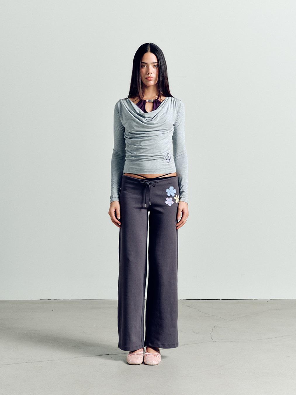 LAYERD BEADS COWL NECK T-SHIRT MELANGEGRAY