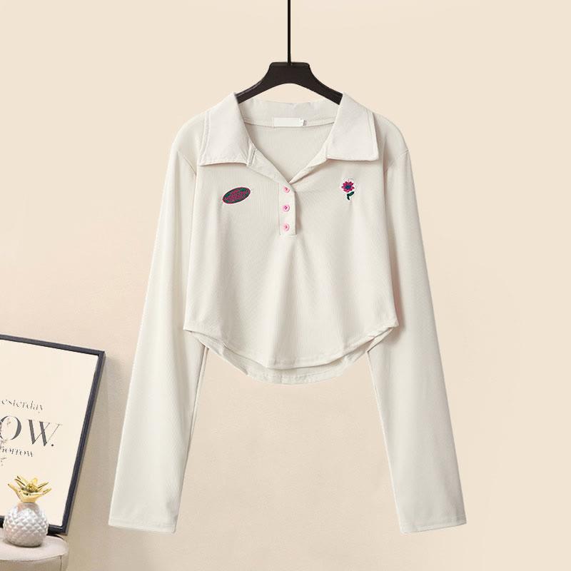 Lapel Embroidery Crop Top T-Shirt Casual Pants Two Pieces Set