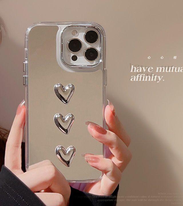 [당일출고]15입고 입체 하트 크롬 프레임 메탈 버튼 미러 아이폰케이스 거울 세미하트 핸드폰케이스 범퍼 생일 선물 ( 아이폰 11 12 13 14 15 프로 맥스 )