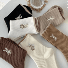 워더미 6개1세트 큐티 토끼 자수 코튼 골지 중목 양말 W470