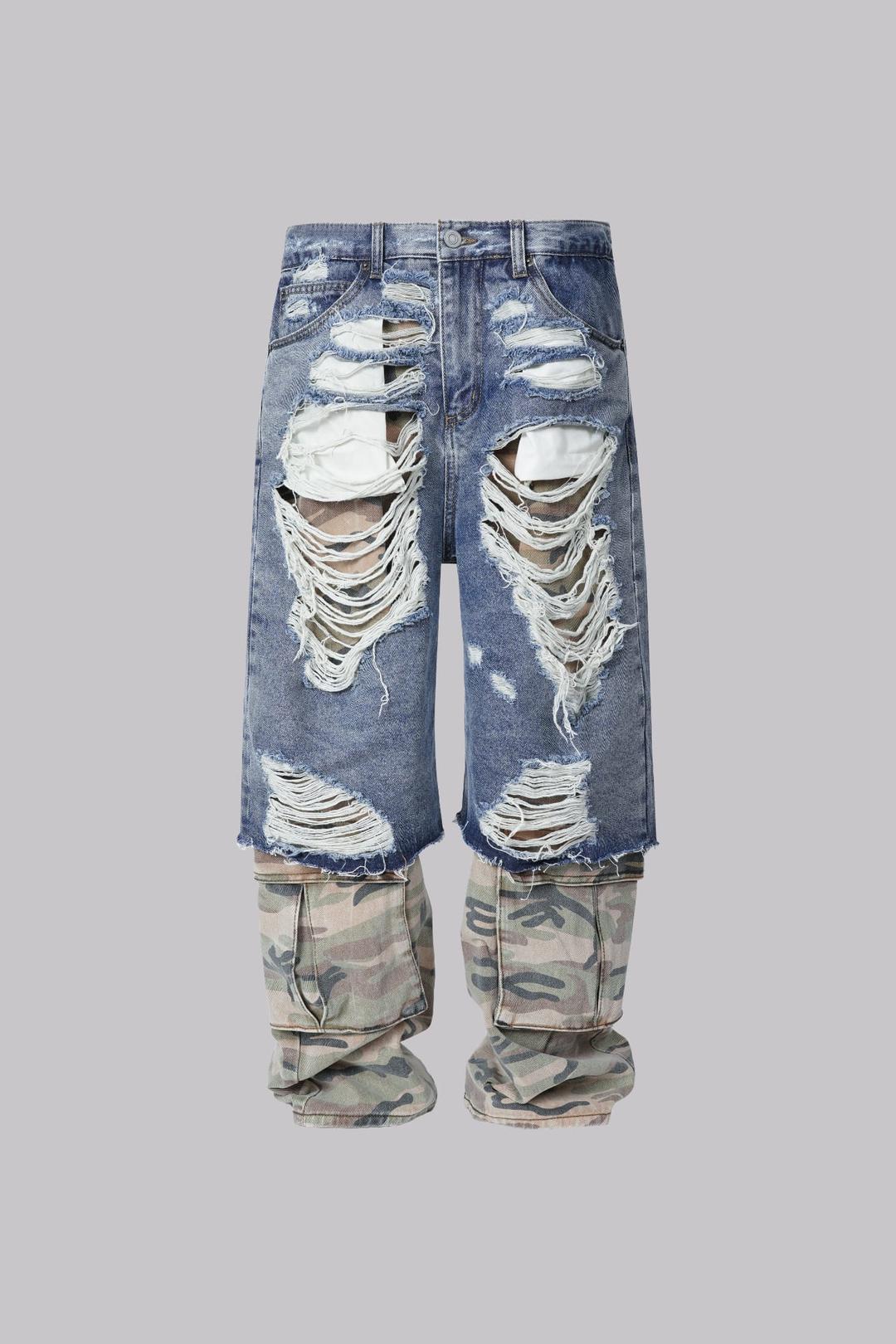 CAMO LAYERED DENIM PANTS