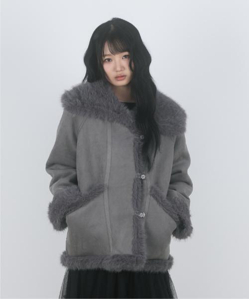 플라워 버튼 무스탕 퍼 점퍼