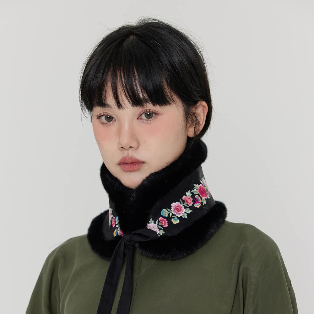 명썸 왕실 볼끼 BLACK 꽃자수 한복 방한 귀도리 귀마개 목도리