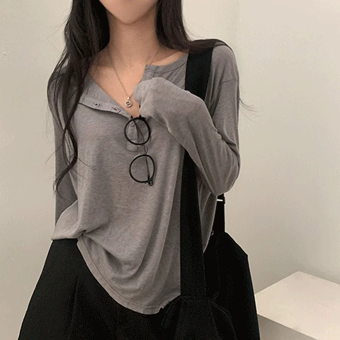 [여리핏!/간절기템] 흐르듯 차르르, 루즈핏 버튼 라운드 긴팔티셔츠 - 5color