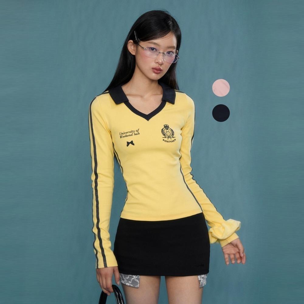 WEEKENDHUB 블록코어 브이넥 카라 슬림 롱슬리브 스포티 티셔츠 3color