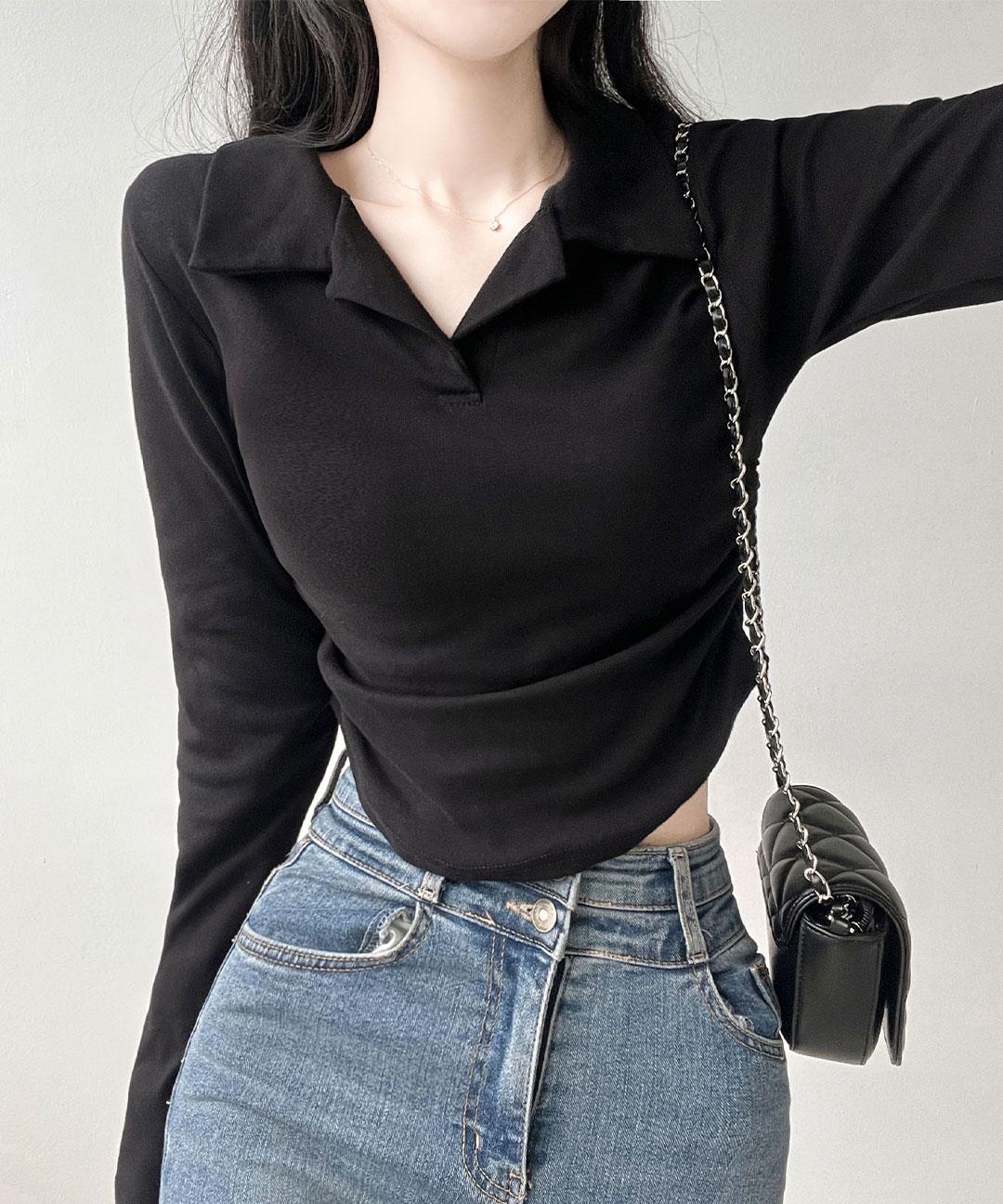 [허리잘록~/옆셔링] 모던 카라 옆셔링 크롭 긴팔 티셔츠