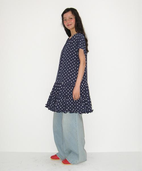 FRILL SHORT SLEEVE ONEPIECE DRESS NAVY WHITE DOT