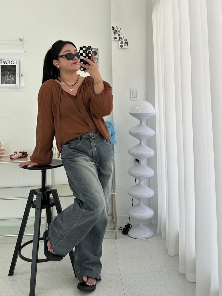 비커밍핏-F,XL 노카라 셔링 얇은긴팔 블라우스 66사이즈 77사이즈 빅사이즈 쇼핑몰