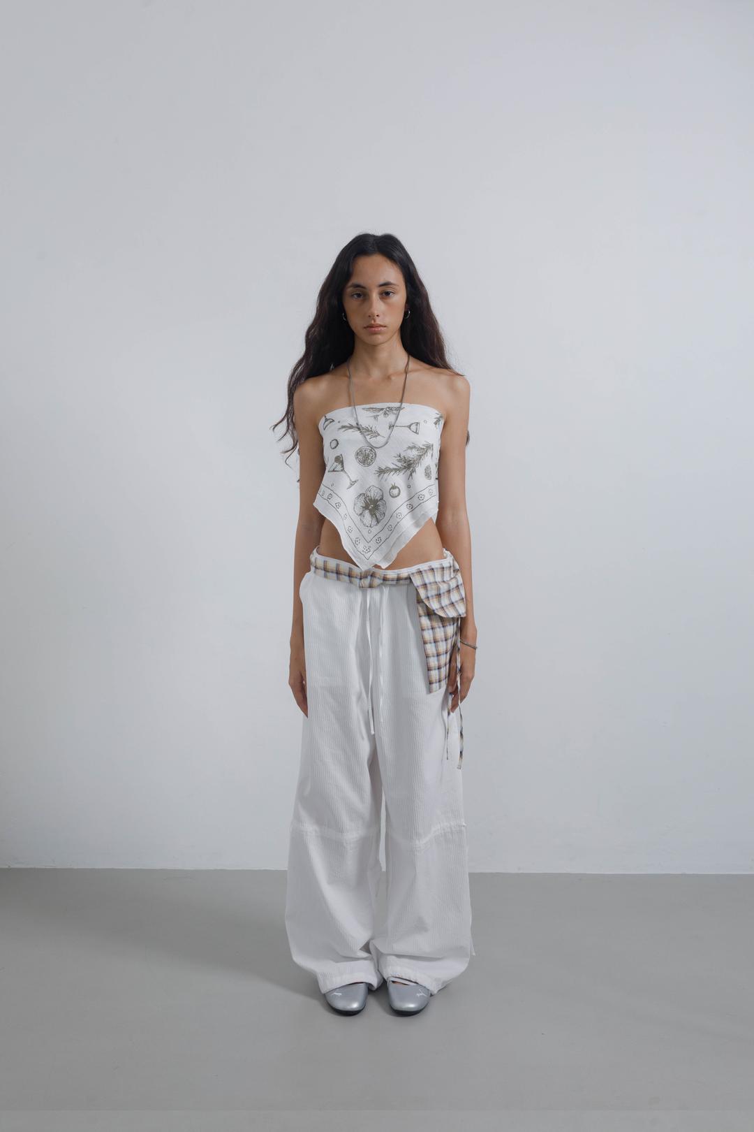 CHECK POCKET SIDE STRING PANTS WHITE