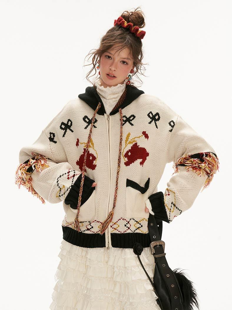 [MAMC] Rabbit Fringe Pocket Hood Sweater Zip Up