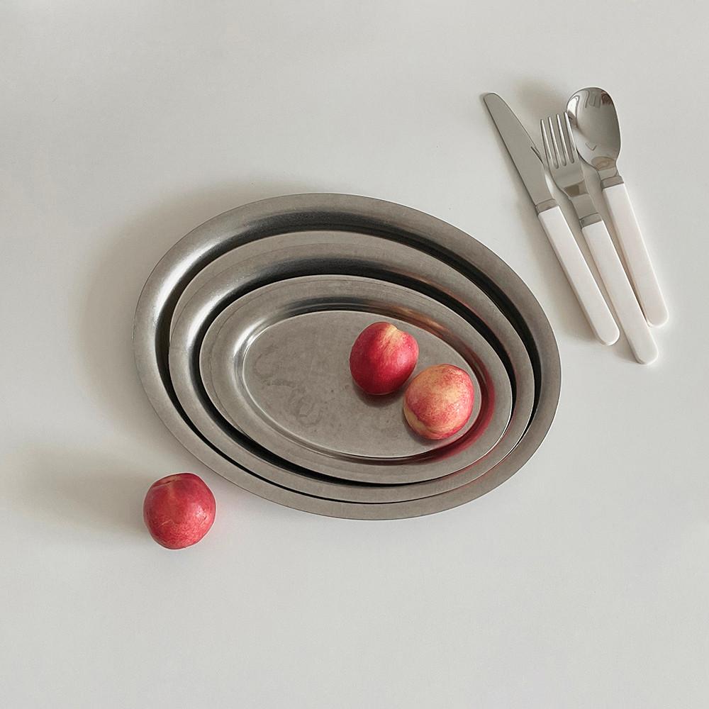 빈티지 스테인레스 오벌 트레이 카페 서빙 플레이트 3size