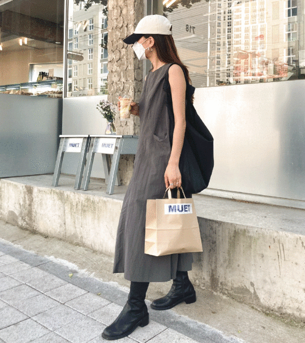 나일론 포켓 슬리브 롱 원피스