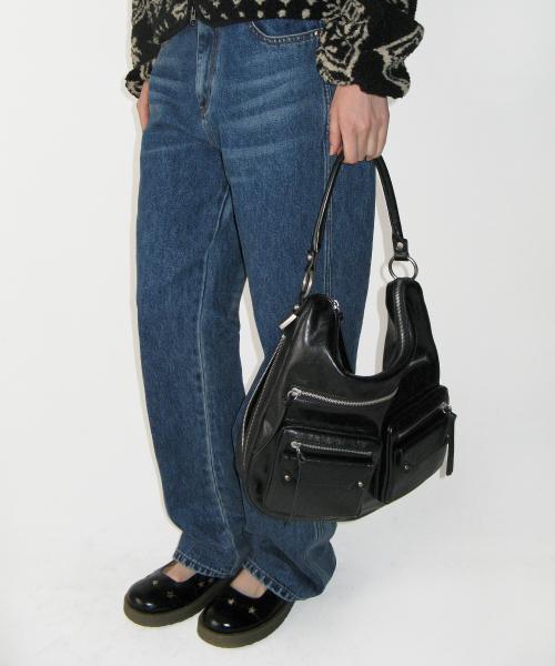 Double Pocket Shoulder Bag, BLACK
