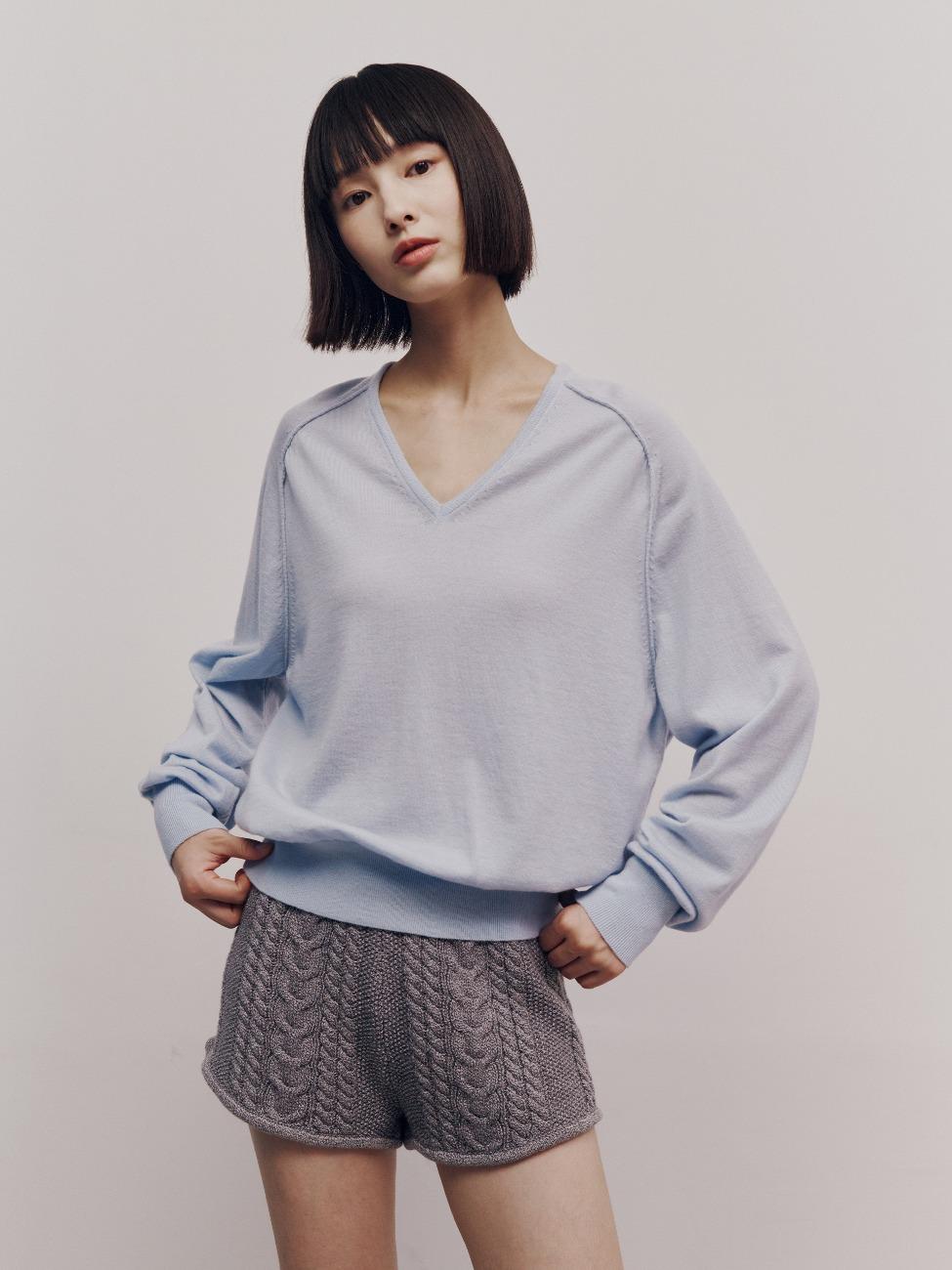 Silky Slim V-neck Pullover (Blue)