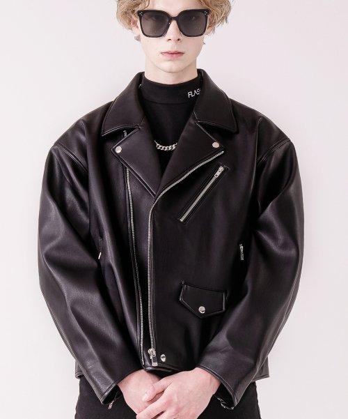 비건레더 더블 오버핏 라이더 자켓 man-BK