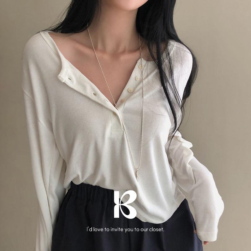 베이델리 [MADE/여리핏!]차르르 골지 버튼 라운드 티셔츠