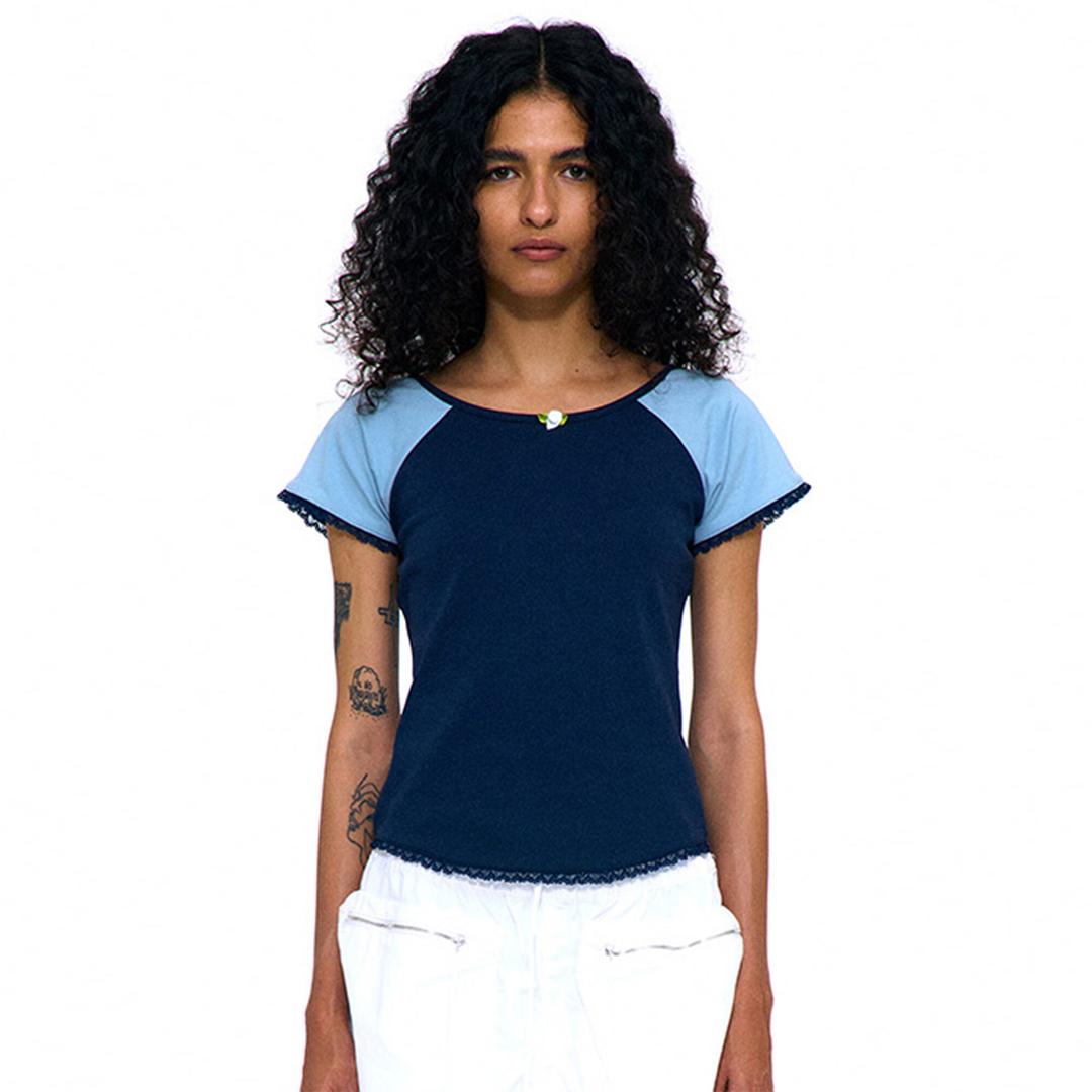 FLORAL LACE BOAT NECK TEE_NAVY