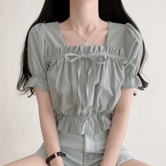 (4color) 여름기분 리본 퍼프스타일 반팔 블라우스