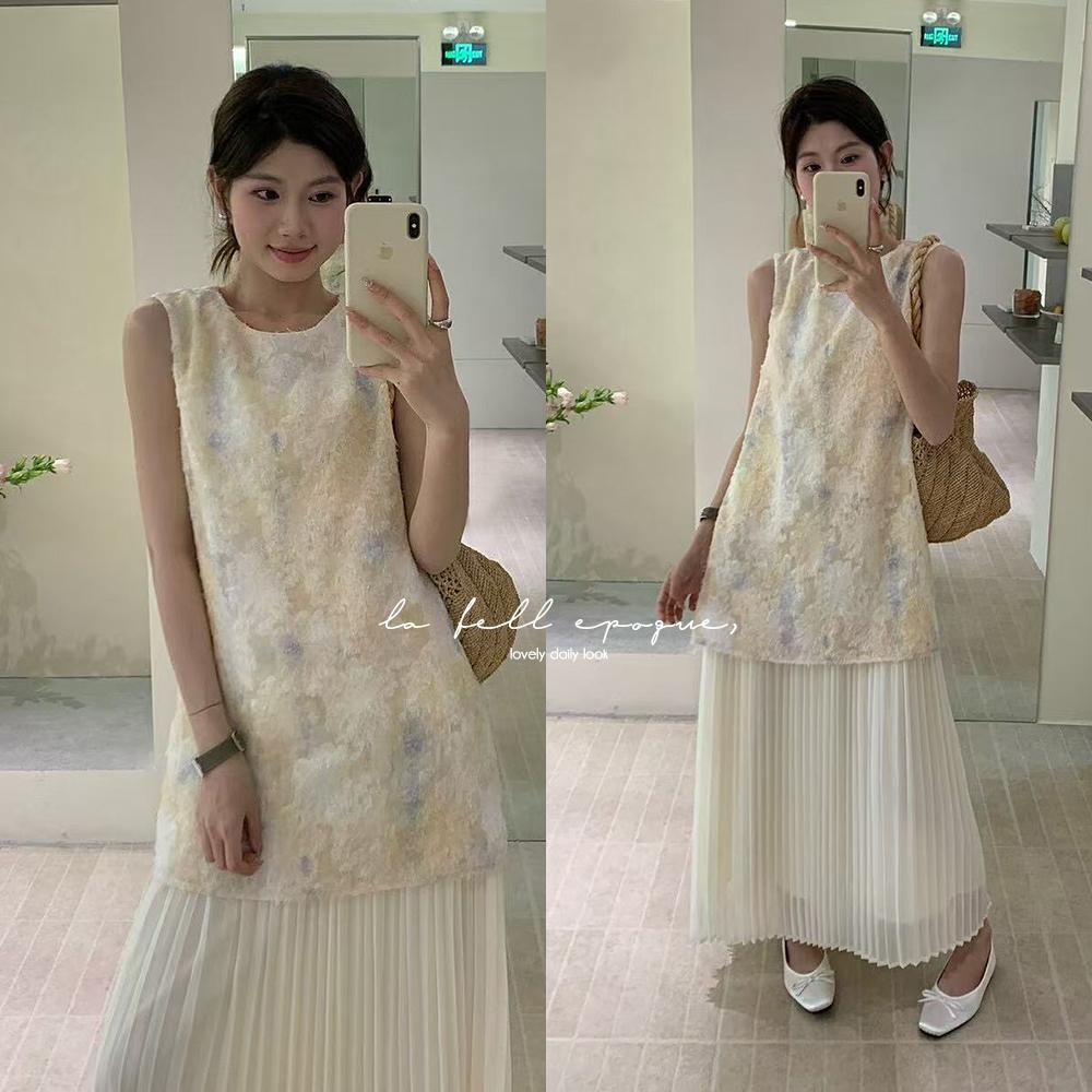 유메 여름 플라워 플리츠 레이어드 나시 원피스