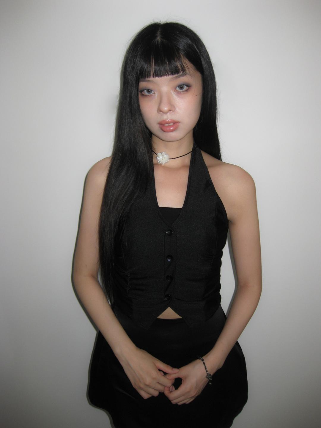 紅煙 Satin crop halter neck top (Black/Khaki gray)