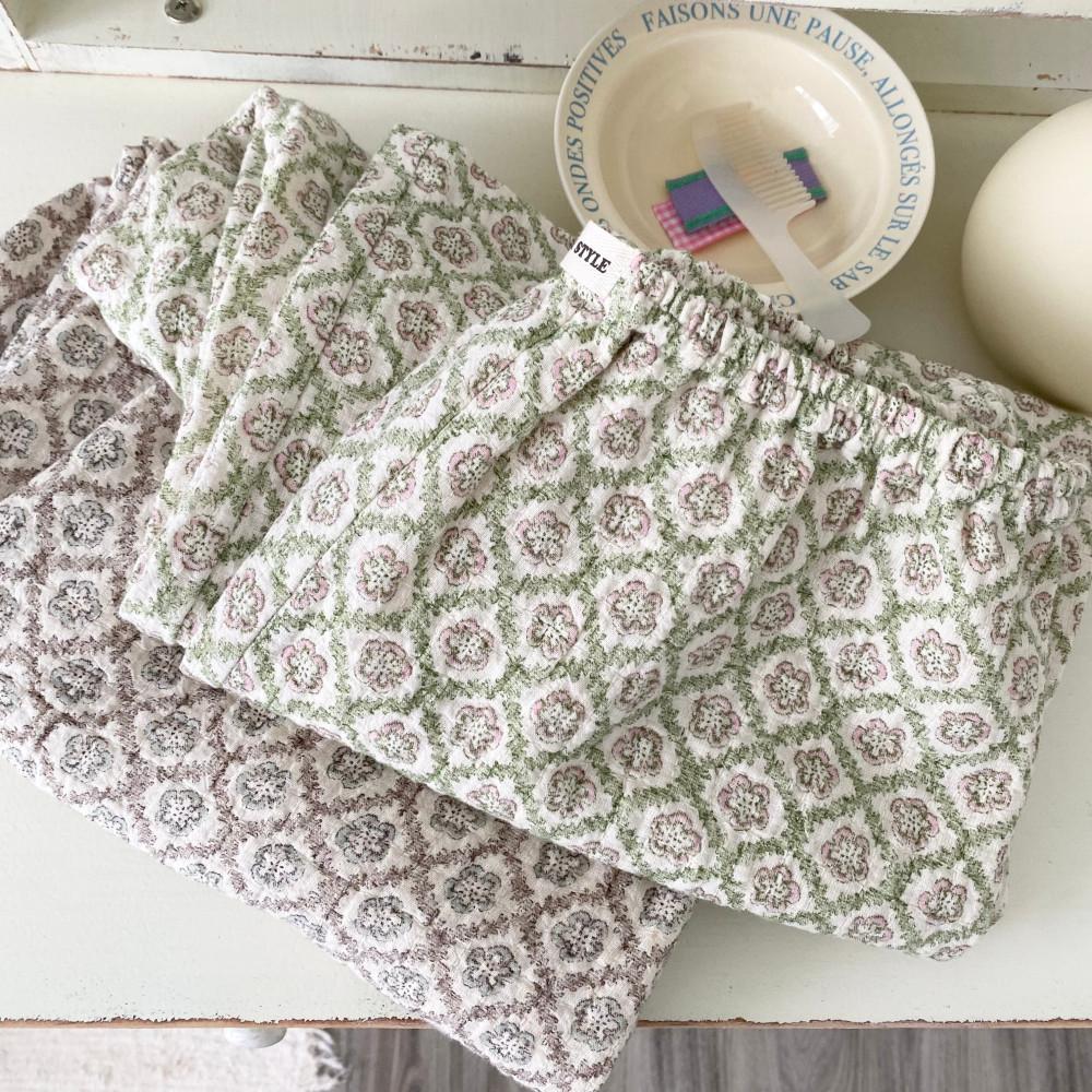 엔틱 플라워 면 도비 이중 줄누빔 실내복 파자마 잠옷 바지 홈웨어