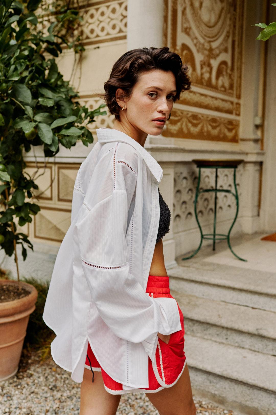 Lace trim oversized shirt