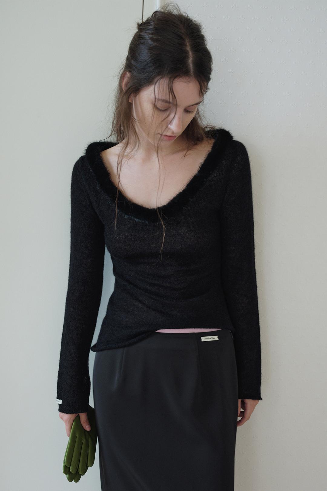 MINK FUR TRIMMED MOHAIR KNIT_BLACK