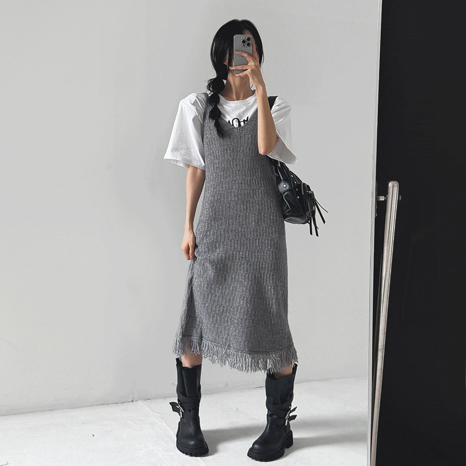 프린지브이넥니트롱원피스-ops