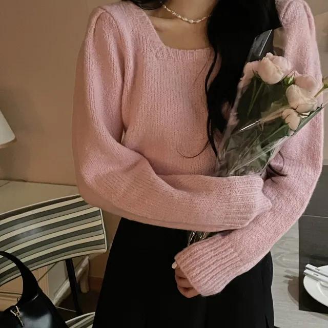 (4color) 루시베리 퐁퐁 퍼프 스퀘어넥 니트