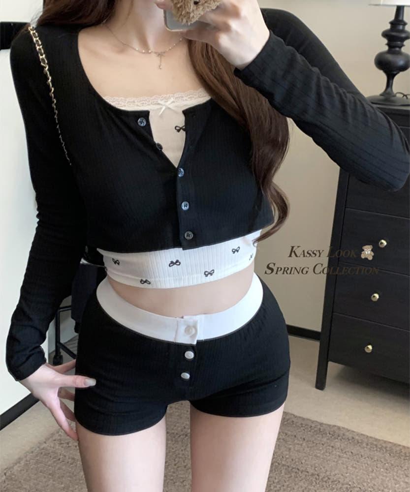 로에 크롭 가디건 끈나시 반바지 팬츠 단추 버튼 쓰리피스 세트