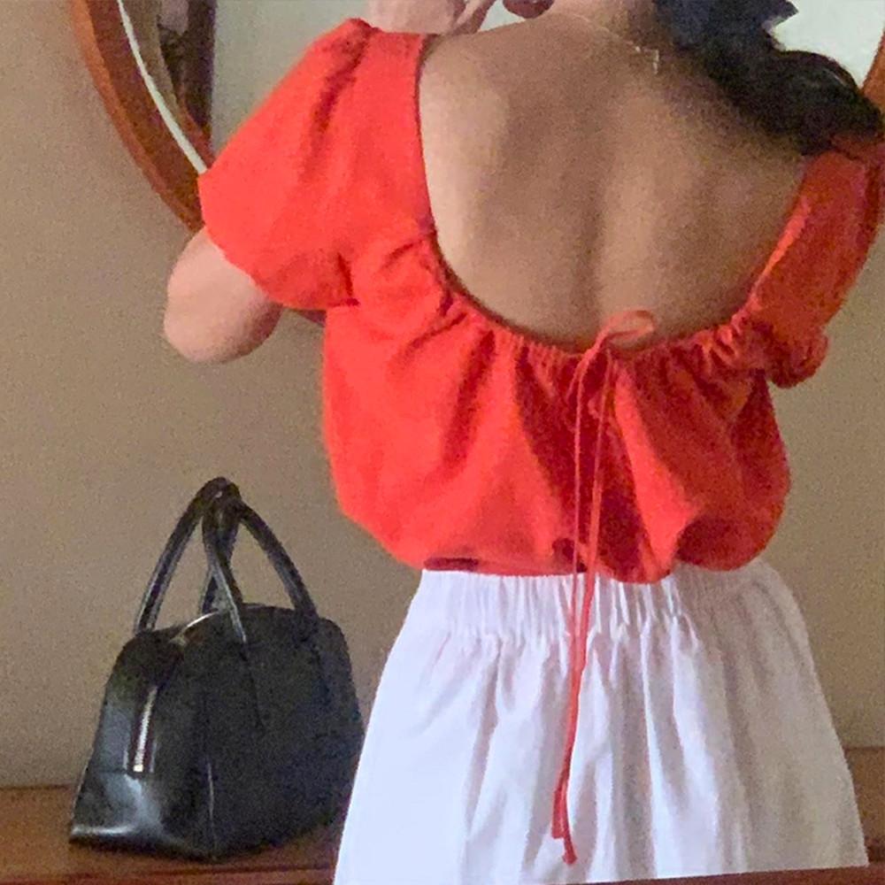 린넨 리본 백오픈 퍼프 블라우스 (5 color)