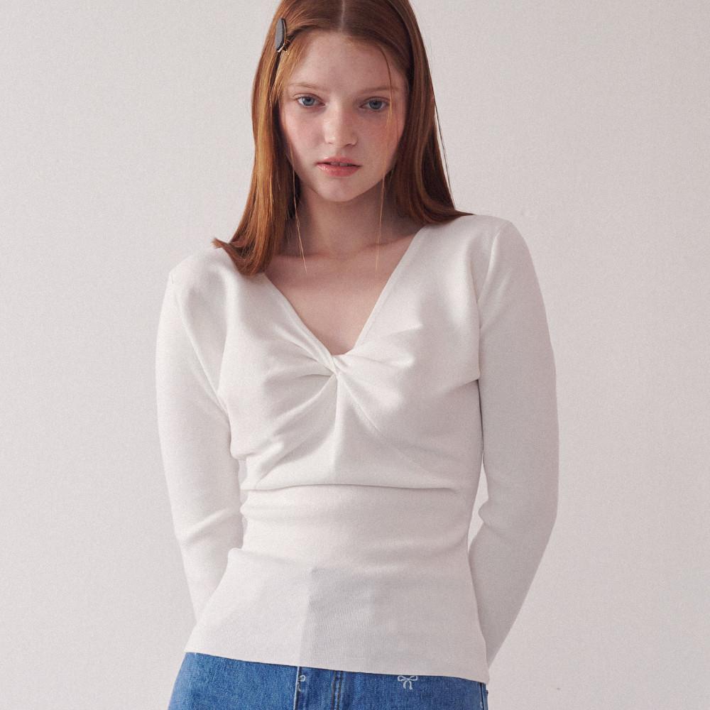 KNOT RIBBON V NECK KNIT IVORY