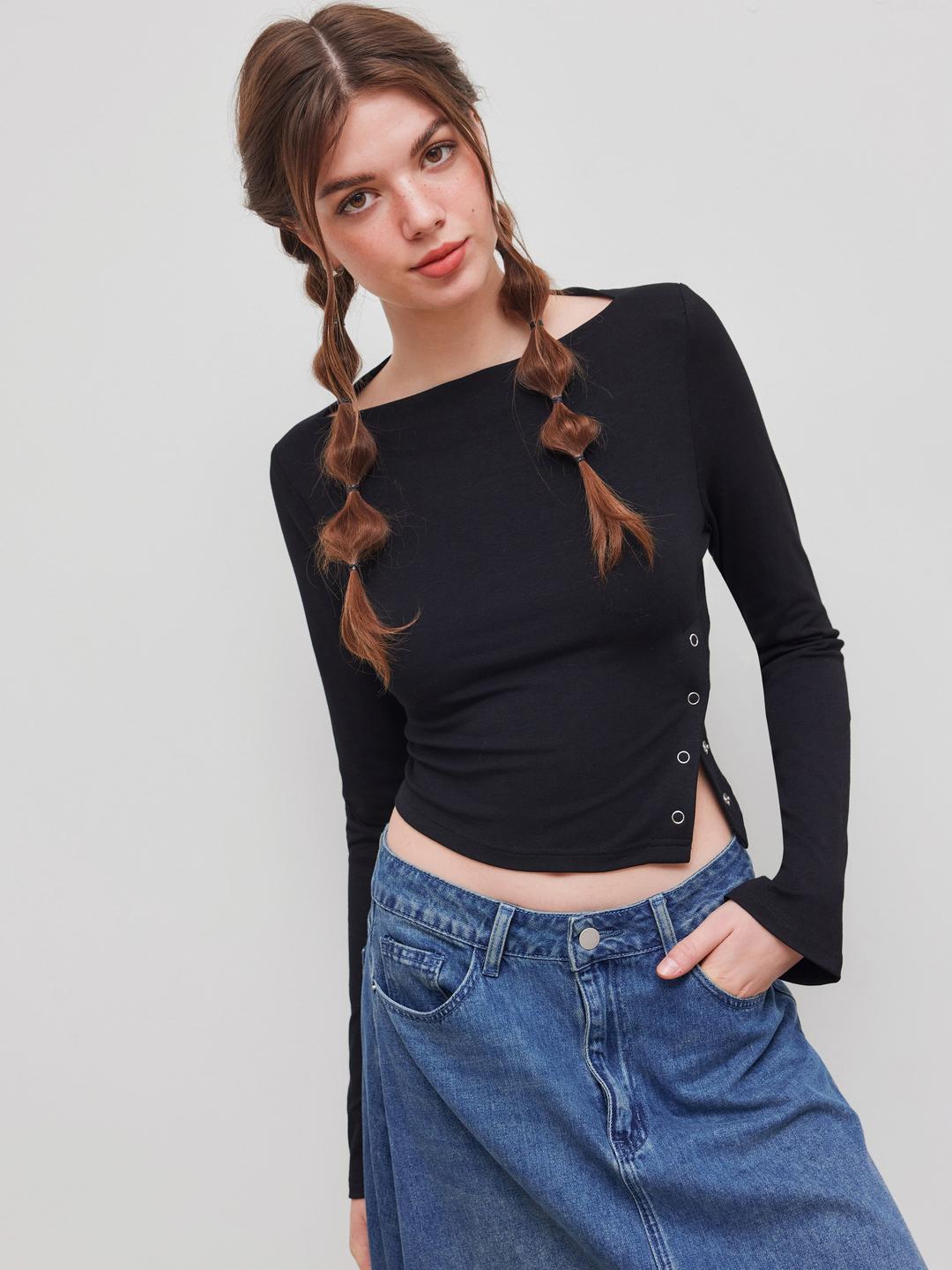 Boat Neck Solid Button Long Sleeve Crop Top