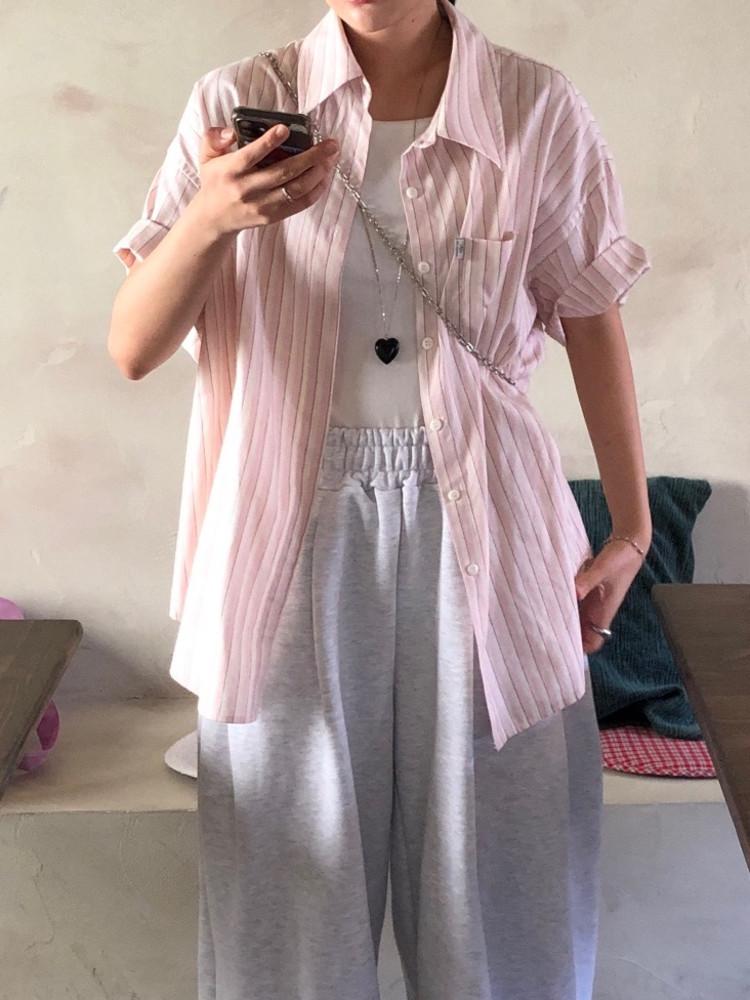 베이 오버핏 스트라이프 반팔 셔츠 2color