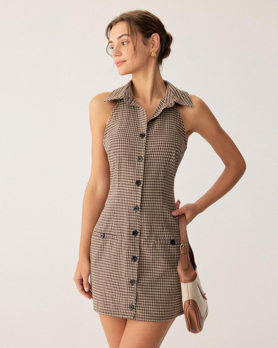 Brown Plaid Button Sleeveless Mini Dress