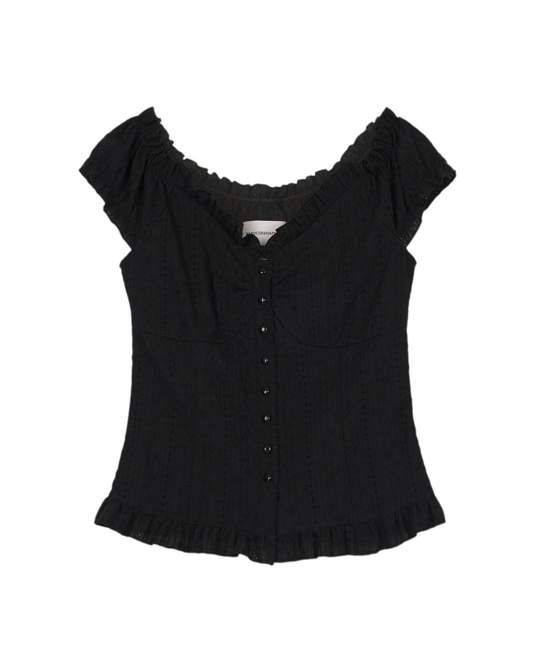 웨이브 셔링 퍼프 블라우스 플라워_블랙