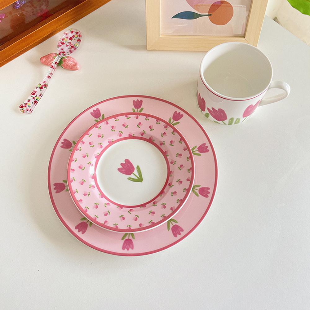 예쁜 플레이트 접시 핑크 튤립 소서세트 유니크