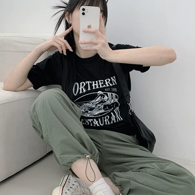 체니 프린팅 스탠다드 반팔티 / 반소매 티셔츠 라운드넥 영문 자수 면 코튼 유니크 빈티지